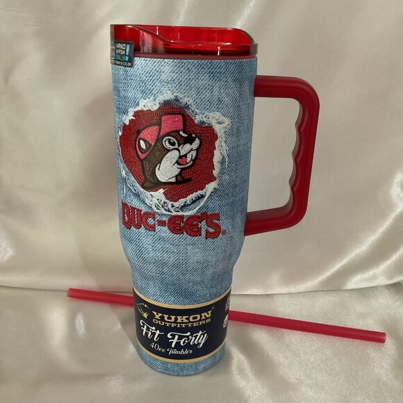 Buc-Ees Denim Design Stainless Steel Tumbler With Handle & Straw 40 Oz Yukon Out - Picture 4 of 8